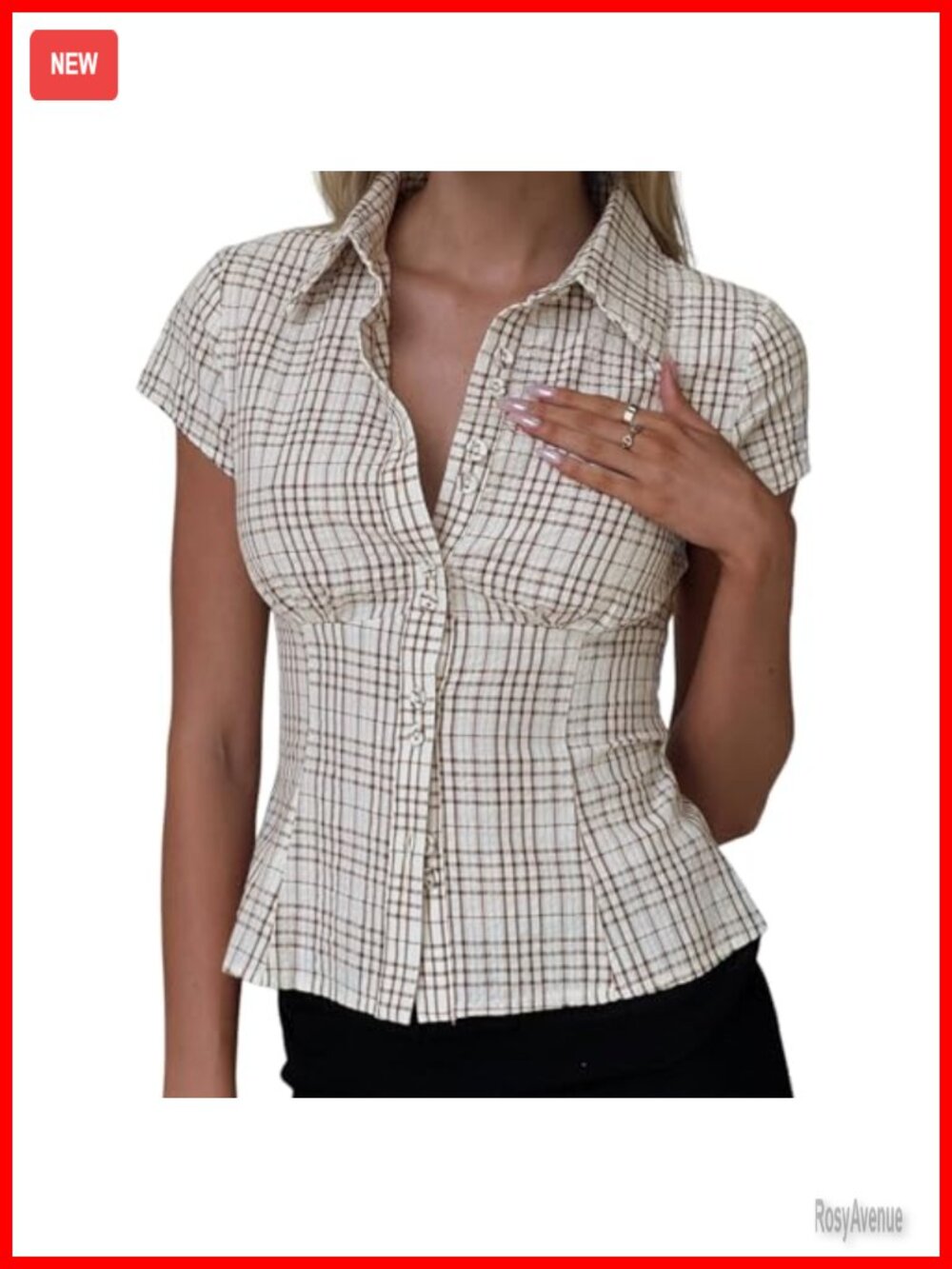 Women Plaid Button Up Shirt Short Sleeve Lapel Collar Polyester Blouse